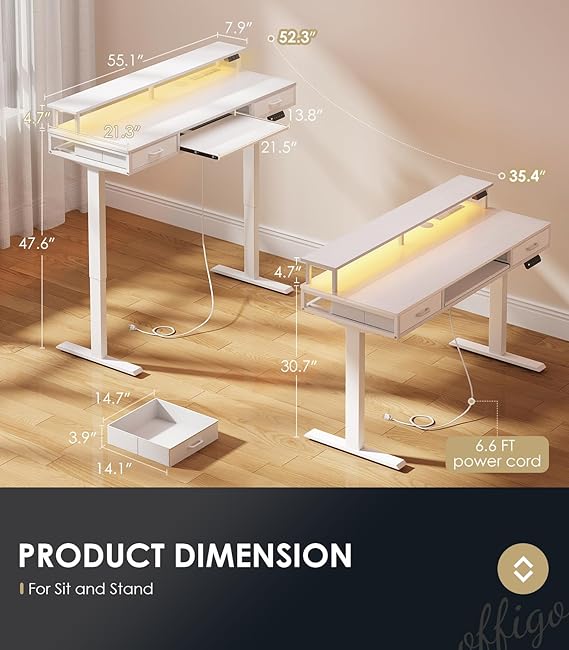 OffiGo Electric Standing Desk with Drawers & Keyboard Tray - Candleholm