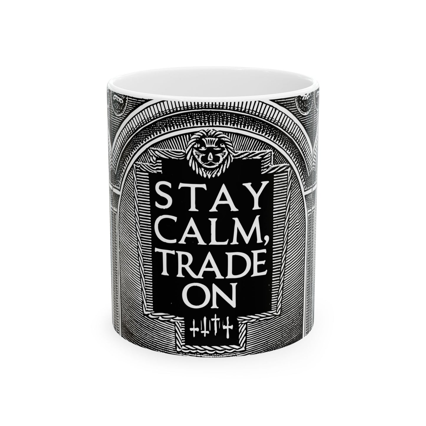 Cylindrical container with 'Stay Calm, Trade On' text on a white background