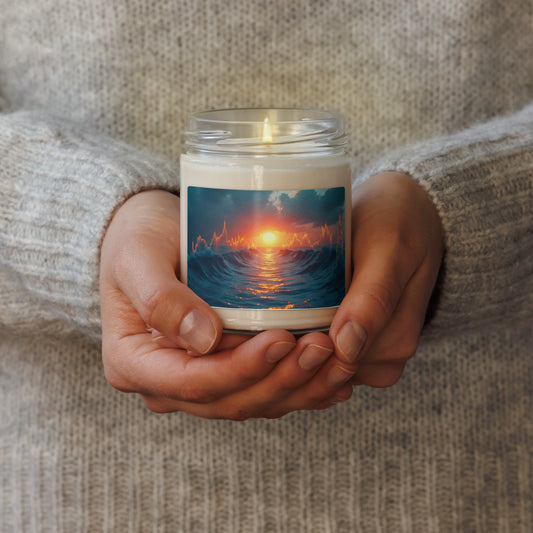 Minimalist trader candle with stoic saying, styled in office setup