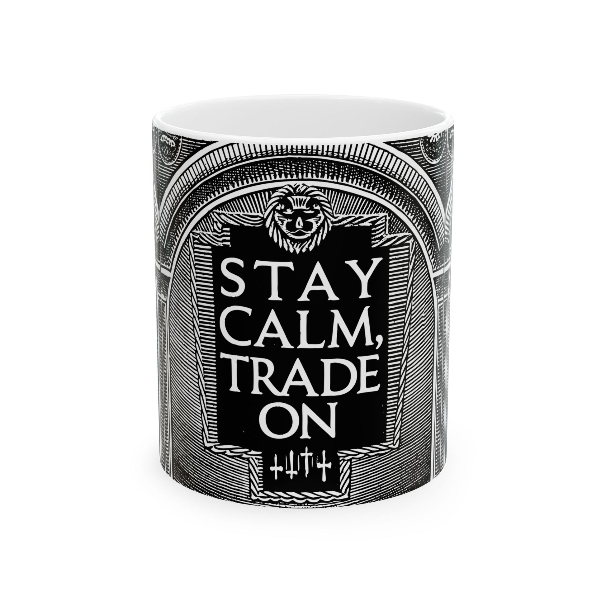 Cylindrical container with 'Stay Calm, Trade On' text on a white background