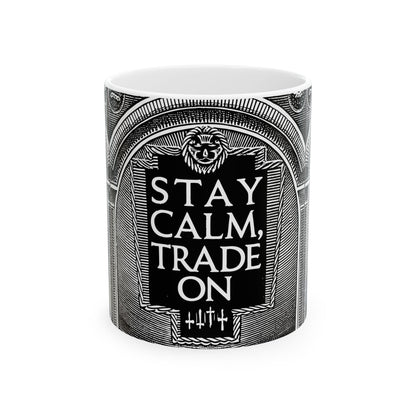 Cylindrical container with 'Stay Calm, Trade On' text on a white background