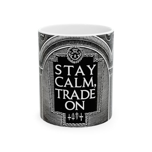 Cylindrical container with 'Stay Calm, Trade On' text on a white background