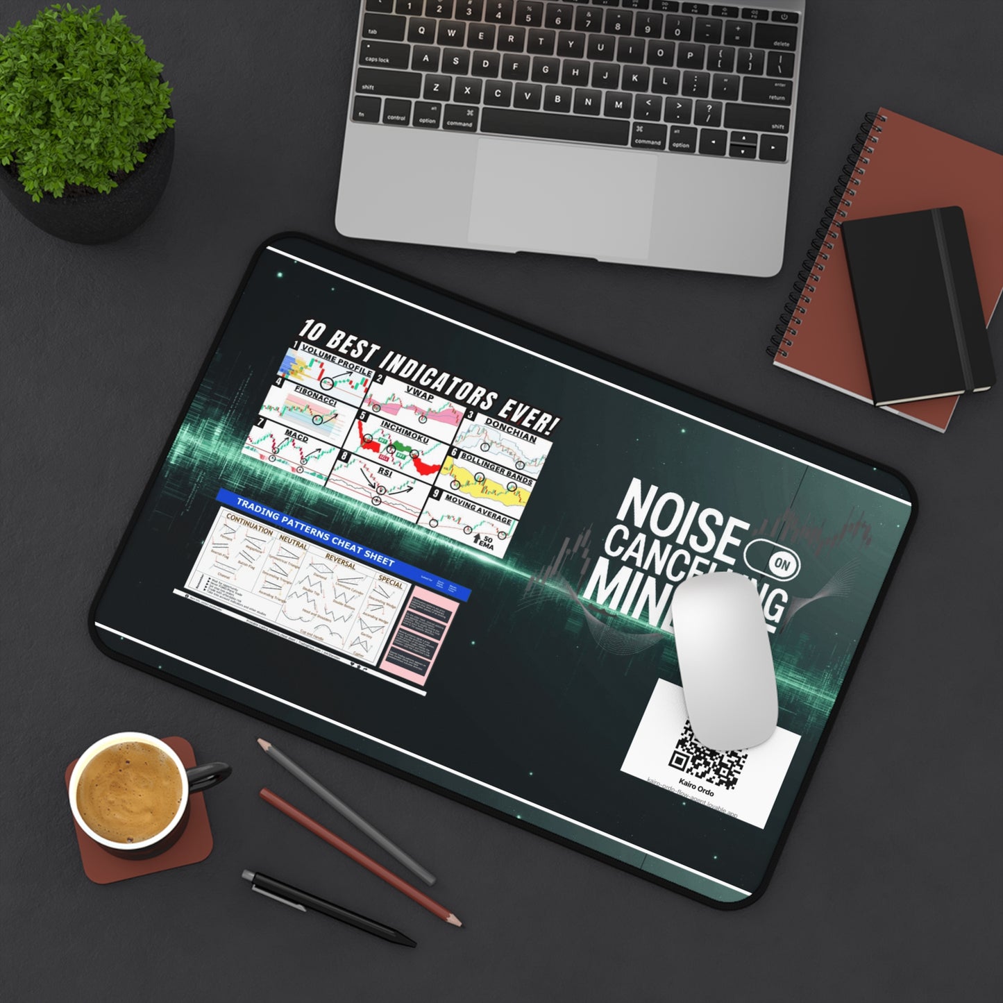 Minimalist trader mouse pad on modern desk with monitor and trading charts in background