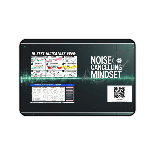 Digital tablet screen displaying trading indicators and a 'Noise Cancelling Mindset' concept.